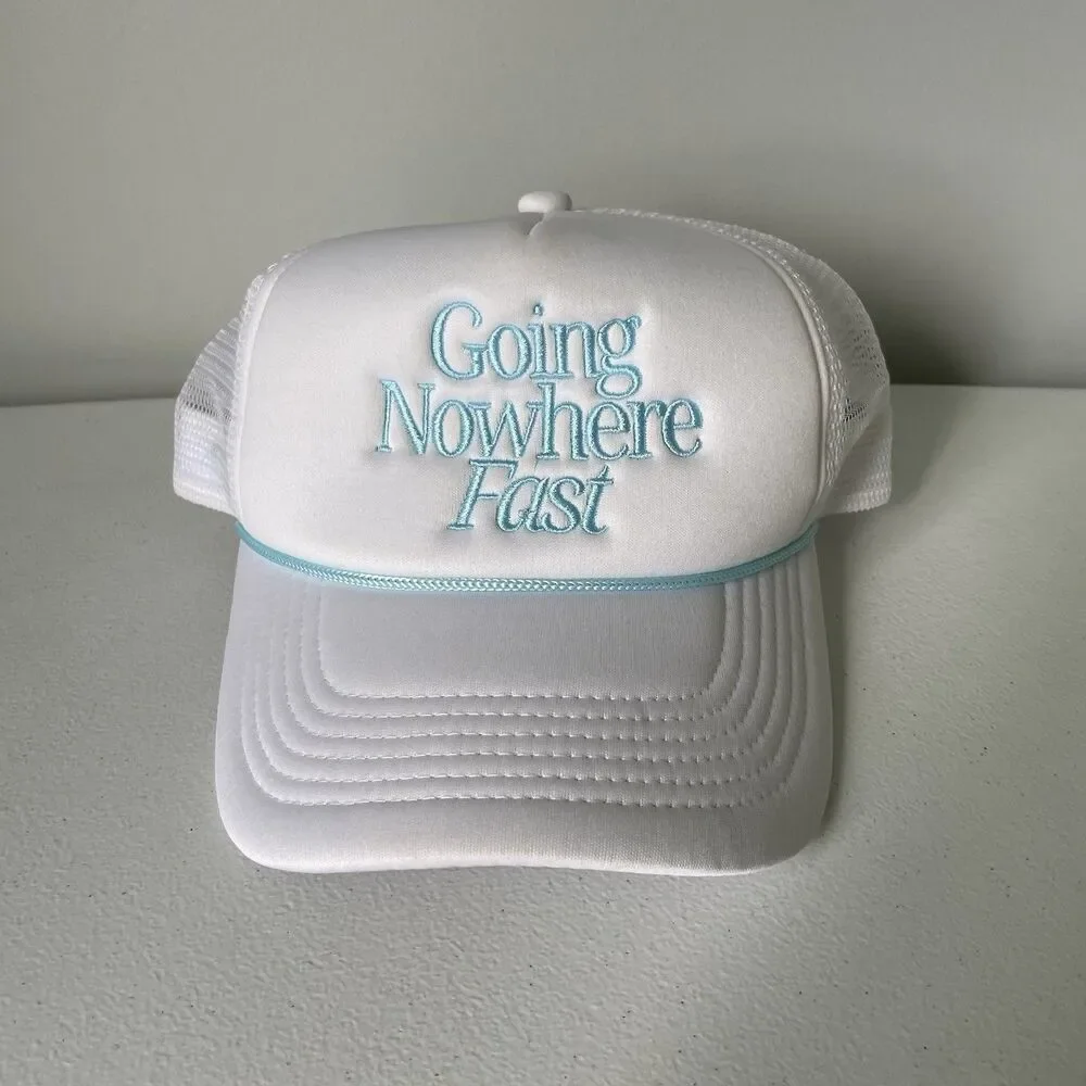 'Going Nowhere Fast' Snapback Baseball Hat Cap White Blue Unisex One Size
